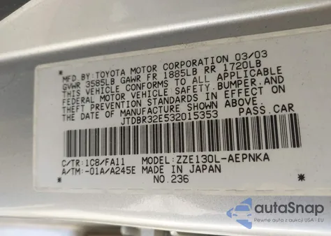 2003 Toyota Corolla Le from USA, damaged, VIN JTDBR32E532015353